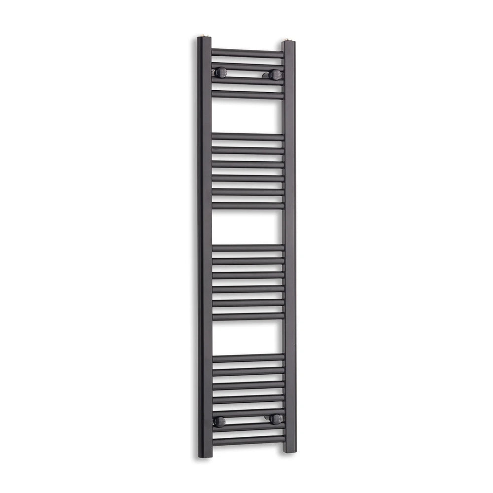 Matt black heated towel rail radiator on a white background