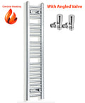 Chrome towel radiator with angled valve on a white background