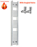 Chrome towel radiator with angled valves on a white background.
