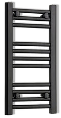 Narrow matt black heated towel rail radiator on a white background