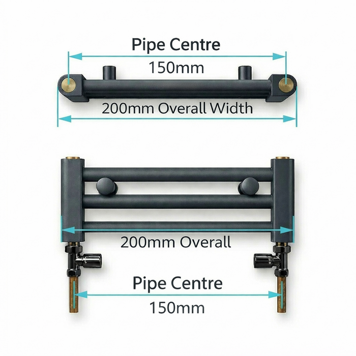 Diagram showing a 200mm wide towel radiator with 150mm pipe centres — radiator body reference; electric kit images pending