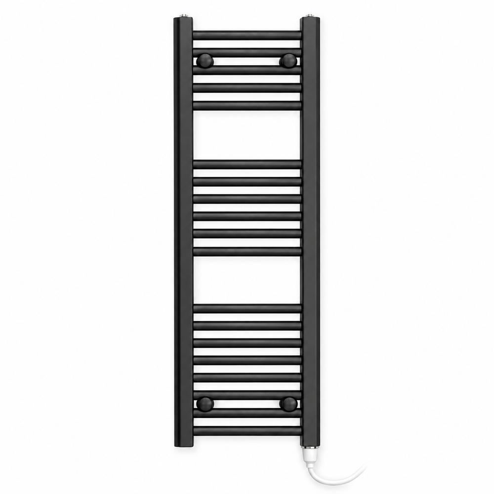 200mm wide 1000mm high matt black towel radiator with standard heating element fitted vertically at bottom right
