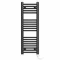 200mm wide 1000mm high matt black towel radiator with standard heating element fitted vertically at bottom right