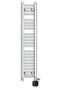200mm wide 1200mm high chrome dual fuel towel radiator with black square digital thermostatic element, chrome T-piece and angled valves
