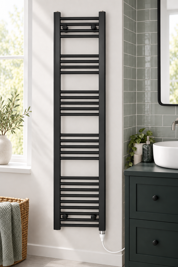 200mm wide 1400mm high black towel radiator — bathroom lifestyle with standard element