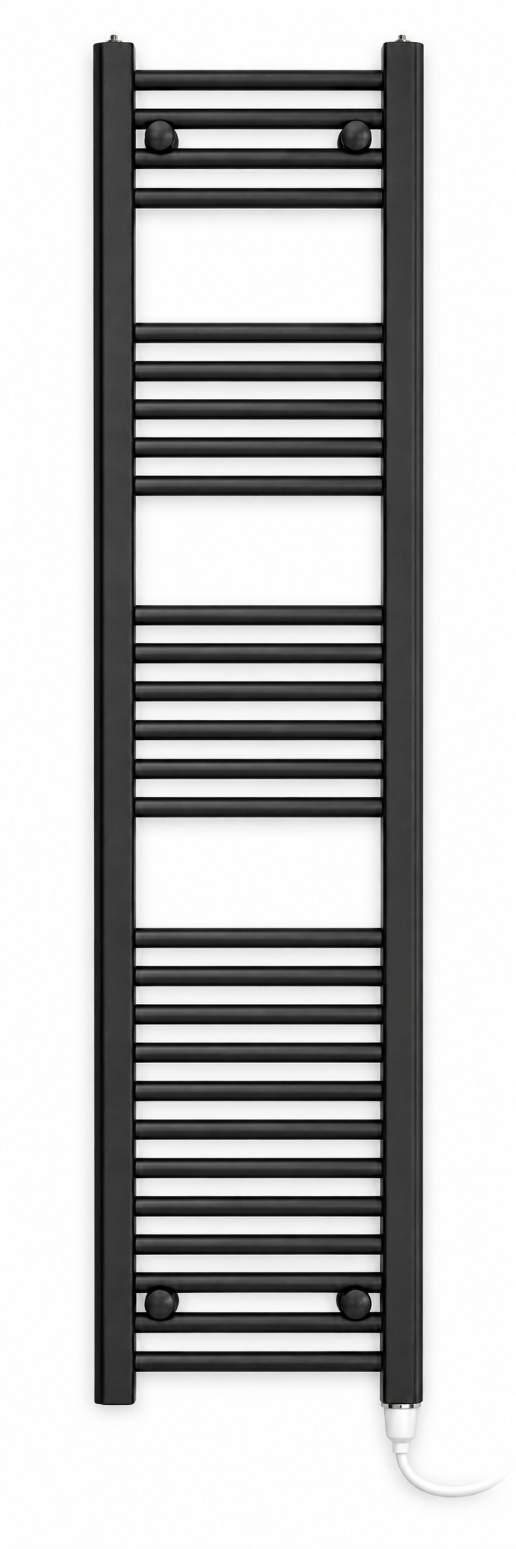 200mm wide 1400mm high matt black towel radiator with standard heating element fitted vertically at bottom right