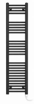 200mm wide 1400mm high matt black towel radiator with standard heating element fitted vertically at bottom right