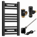 200mm wide 600mm high black towel radiator with digital thermostatic element, black T-piece and black angled valve