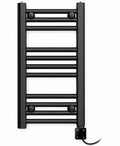 200mm wide 600mm high black towel radiator with black digital thermostatic heating element fitted vertically at the bottom right, without valves or T-piece