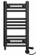 200mm wide 600mm high black towel radiator with round black thermostatic heating element fitted vertically through a black T-piece and black radiator valves
