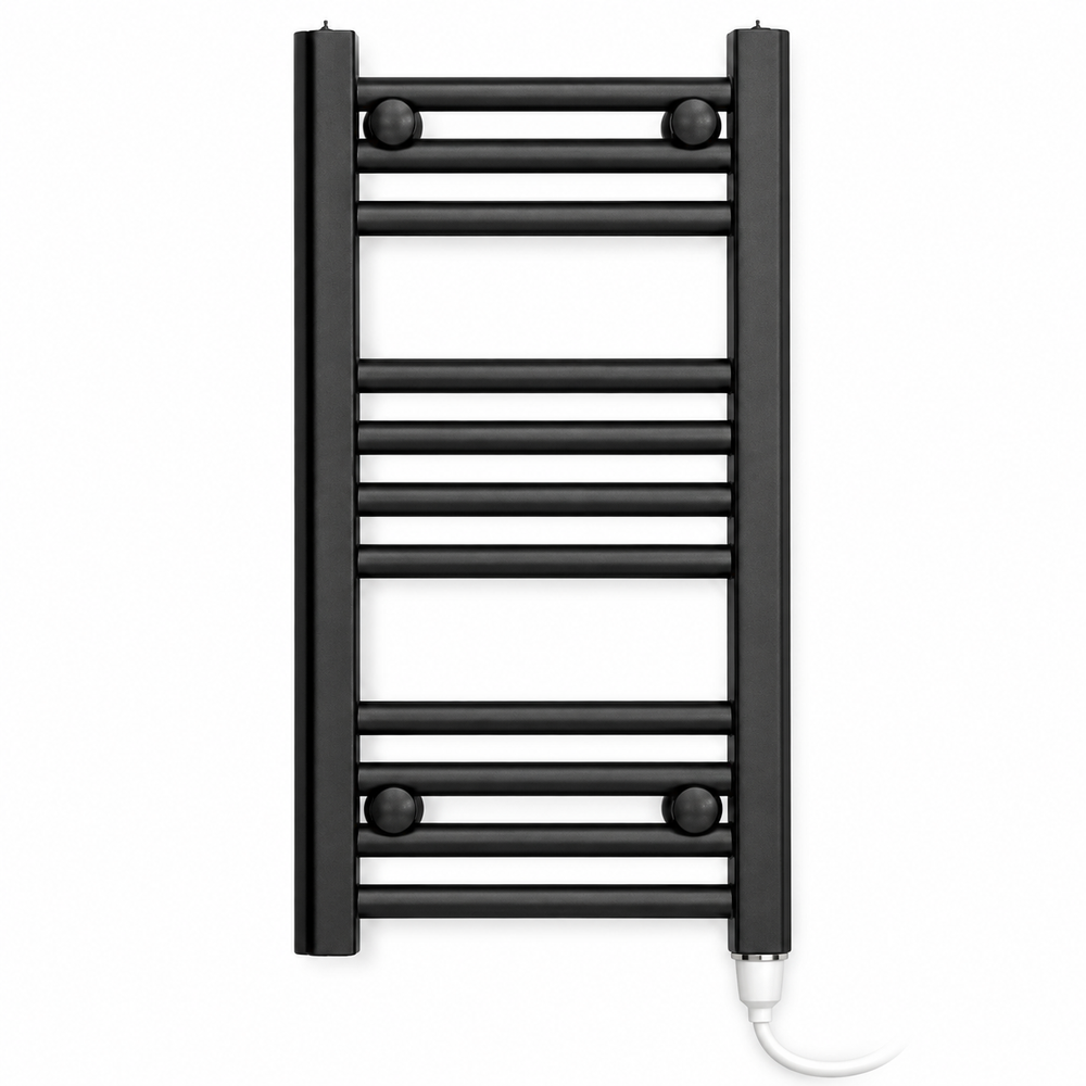 200mm wide 600mm high black towel radiator with standard heating element fitted vertically at the bottom right