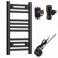 200mm wide 600mm high black towel radiator with round thermostatic element, black T-piece and black angled valve