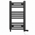 200mm wide 600mm high black towel radiator with standard heating element fitted vertically through a black T-piece and black radiator valves