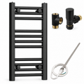 200mm wide 600mm high black towel radiator with standard element, black T-piece and black angled valve