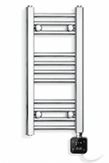 200mm wide 600mm high chrome towel radiator with black digital thermostatic element fitted at bottom right