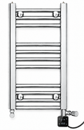 200mm wide 600mm high chrome towel radiator with black digital thermostatic element, chrome T-piece and chrome angled valves