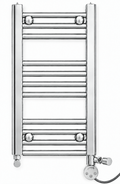 200mm wide 600mm high chrome towel radiator with dual-round element oriented to actual product photo