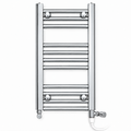 200mm wide 600mm high chrome towel radiator with standard heating element, compact chrome T-piece and chrome angled valves