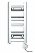 200mm wide 600mm high chrome towel radiator with round element oriented to actual product photo