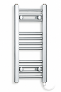 200mm wide 600mm high polished chrome towel radiator with standard heating element fitted vertically at bottom right