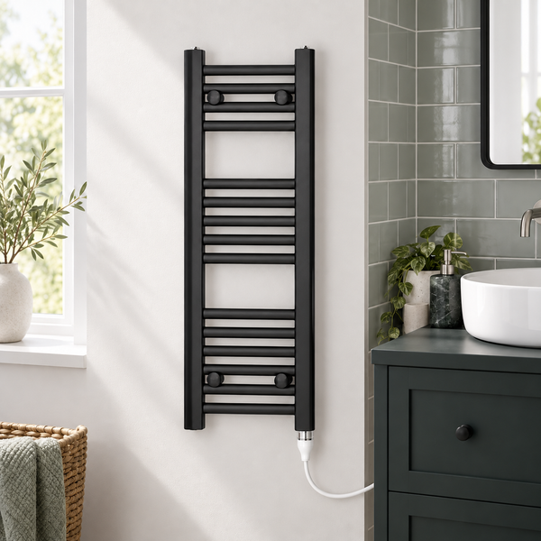 200mm wide 800mm high black towel radiator — bathroom lifestyle with standard element