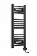 200mm wide 800mm high black towel radiator — round thermostatic element