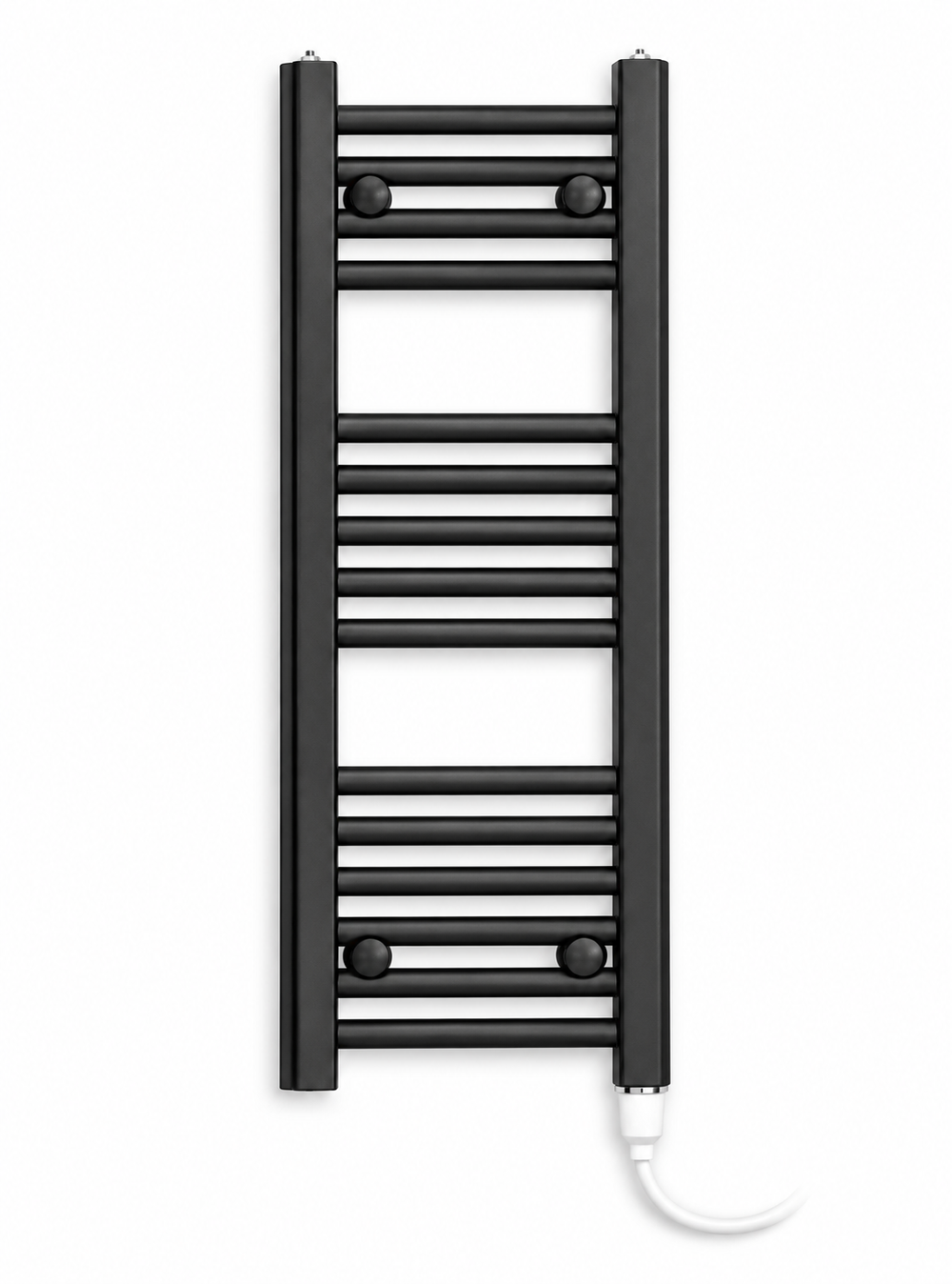 200mm wide 800mm high matt black towel radiator with standard heating element fitted vertically at bottom right