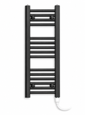 200mm wide 800mm high matt black towel radiator with standard heating element fitted vertically at bottom right