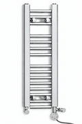200mm wide 800mm high chrome towel radiator with dual-round element matching actual controller photo
