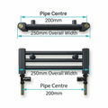 Measurement diagram showing 250mm towel radiator width and 200mm pipe centres