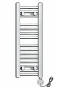 250mm wide 800mm high chrome electric towel radiator with round element face oriented to actual product photo