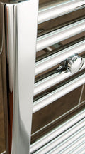 Chrome towel radiator installation component detail.