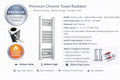 Product information graphic for 300mm x 600mm flat chrome towel radiator.