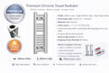 Product information graphic for 300mm x 800mm flat chrome towel radiator.