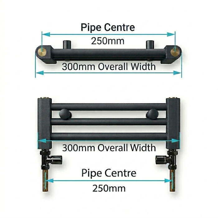 Pipe centres diagram for 300mm wide towel radiator