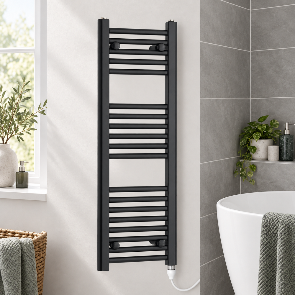 350mm wide 1000mm high black towel radiator — bathroom lifestyle with standard element