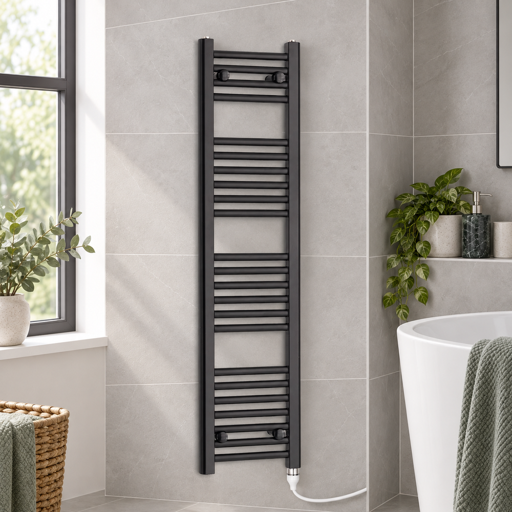 350mm wide 1200mm high black towel radiator — bathroom lifestyle with standard element