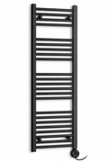 350mm wide 1400mm high black towel radiator — round thermostatic element