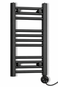 350mm wide 600mm high black towel radiator — round thermostatic element