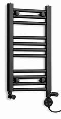 350mm wide 600mm high black towel radiator — dual fuel round thermostatic element