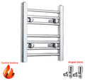 Chrome towel radiator with angled valve on a white background