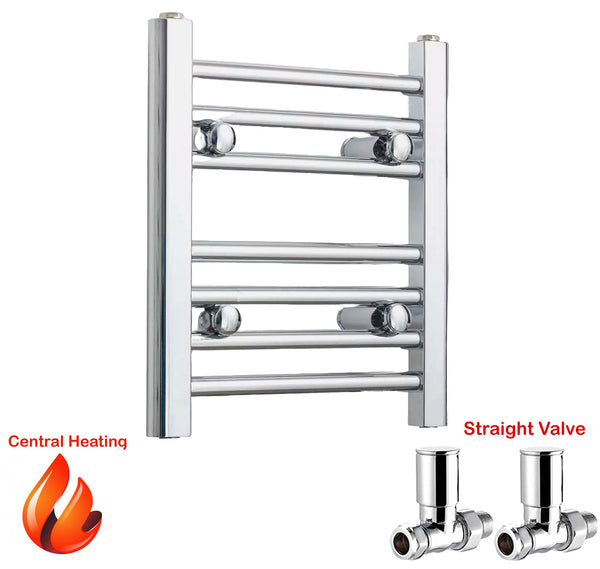 Chrome towel radiator with central heating and straight valve icons on a white background