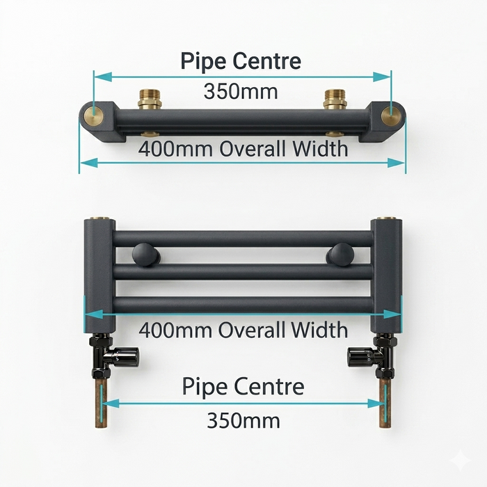 Pipe centres diagram for 400mm wide towel radiator