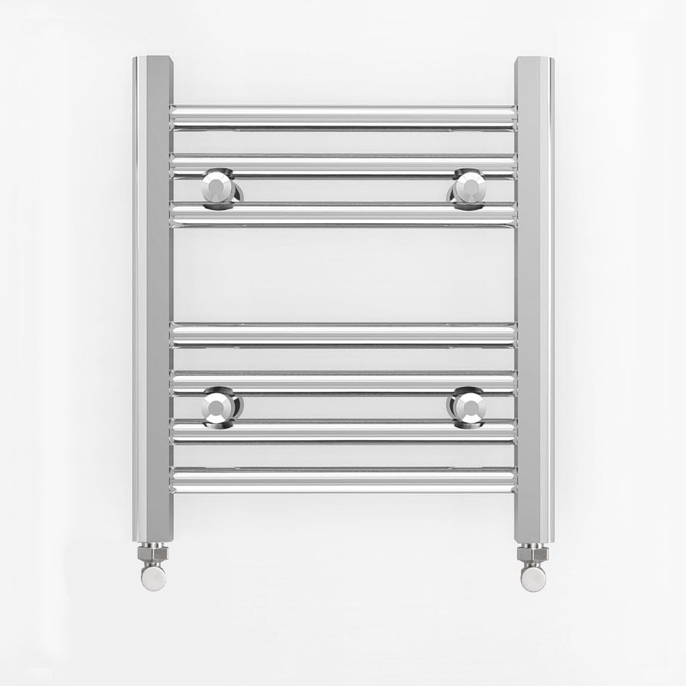 A flat chrome heated towel rail radiator with multiple horizontal bars and rounded end caps.