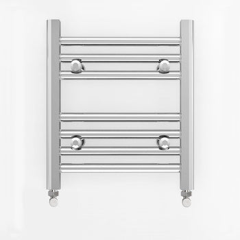 A flat chrome heated towel rail radiator with multiple horizontal bars and rounded end caps.
