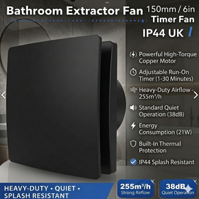 6-Inch Silent Black Bathroom Extractor Fan with Humidity Sensor & Timer (255m³/h)