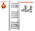 Chrome towel radiator with angled valves on a white background