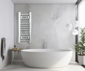 Flat chrome ladder towel radiator mounted in a bathroom. — radiator body reference