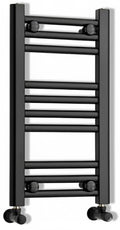 Narrow black heated towel rail radiator shown with angled valves