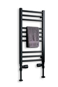 Black heated towel rail radiator with a grey towel and straight valves